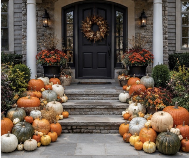 Stone entryway with dried floral wreath and abundant heirloom pumpkins