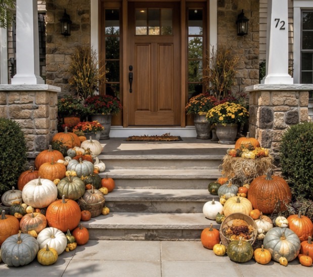 Stone entryway with wood door and cascading pumpkins