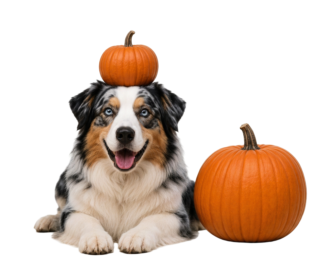 Brody, our blue merle Australian Shepherd, balancing a small pumpkin on his head