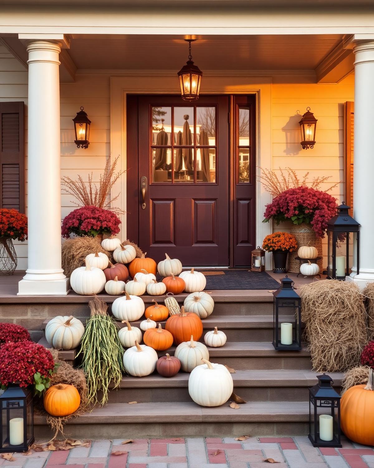 Front porch cascade of heirloom pumpkins