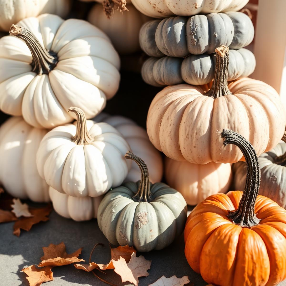 Detail of white, sage, and orange heirloom pumpkins