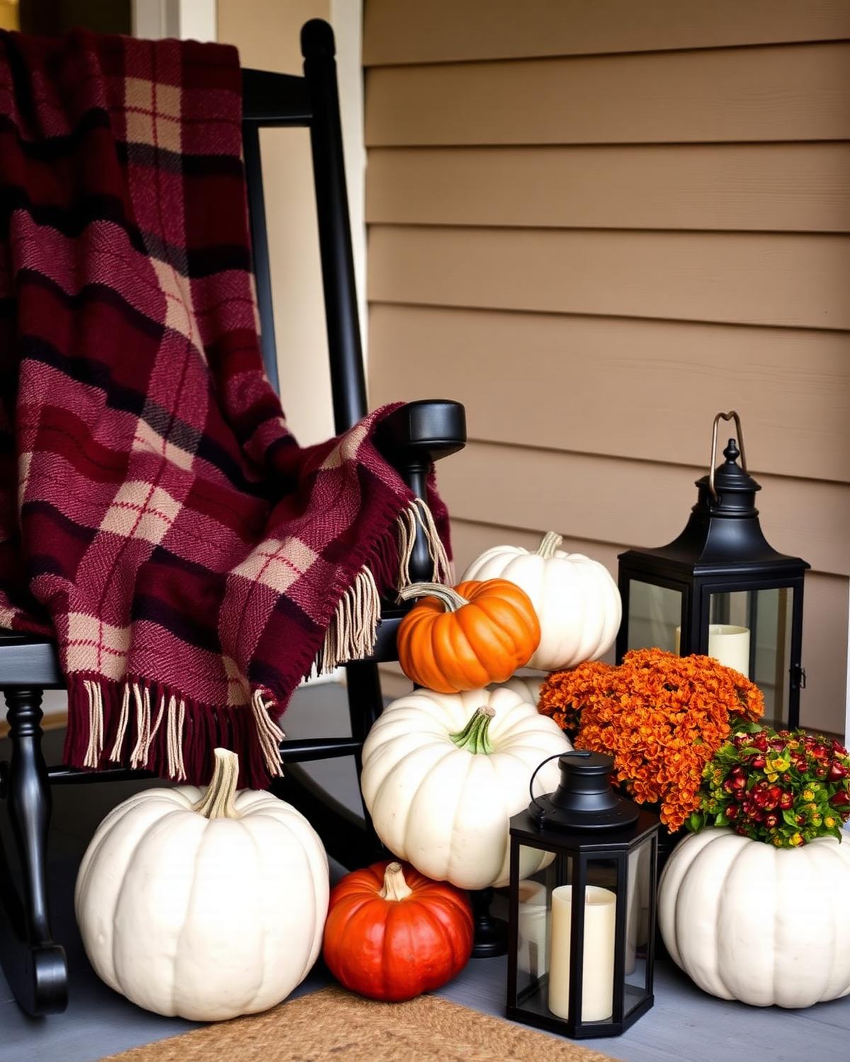 Cozy corner with rocking chair and plaid throw