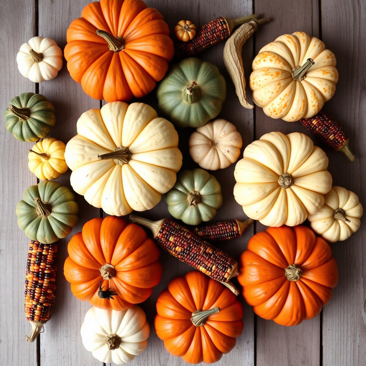 Flat lay of gourds and Indian corn