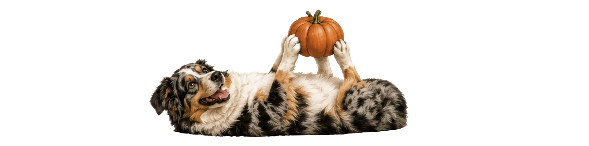 Raya, our blue merle Australian Shepherd, playfully holding a pumpkin between her paws